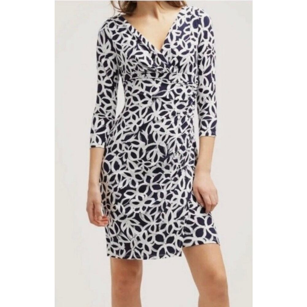 Ralph Lauren Faux Wrap Dress Surplice Neckline Floral Gray 10 Ruched Sheath